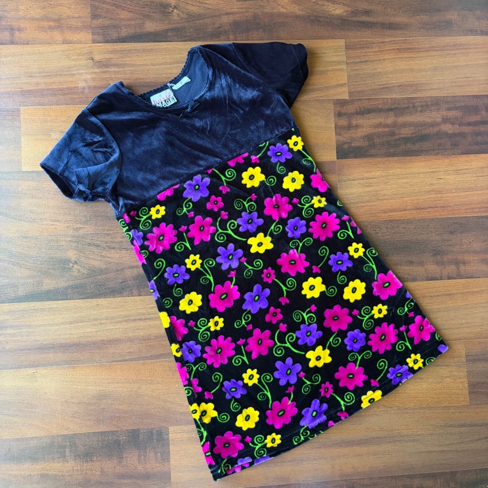 Basic Image Kids Navy Blue Velvet Floral Short Sleeve Dress Size 6X Y2K Retro